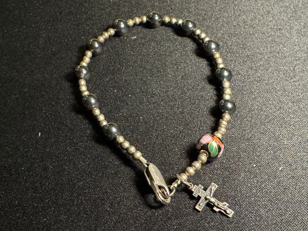 Vintage Handmade Ball Bead Bracelet Cloisonne Bead Sterling Cross